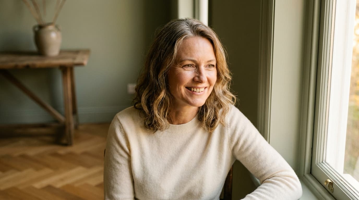 Woman in her early fifties with a natural, relaxed smile in soft afternoon light — warm interior with a sage-green wall, an editorial portrait suited to cosmetic dentistry for people over 40